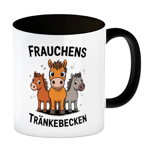 Cartoon-Pferde Frauchens Tränkebecken Kaffeebecher in schwarz für Pferdeliebhaber Lustiger Spruch auf Tasse für Büro oder Zuhause