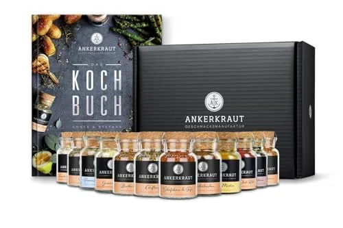 Ankerkraut Kochbuch Set mit 12 Korkengläsern - Gewürz-Geschenkideen mit 12 hochwertigen Gewürzen im eleganten Korkenglas und inspirierenden Rezepten. Perfekt zum Nachkochen und eine tolle Geschenkidee für Kochliebhaber!