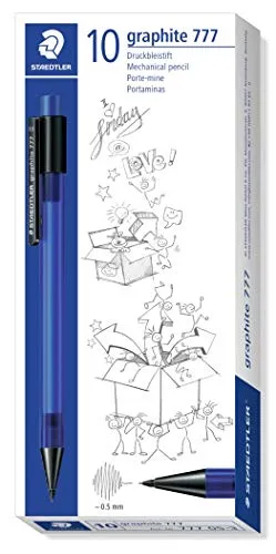 STAEDTLER 777 05-3 Druckbleistift graphite gefüllt mit B-Minen, Minendurchmesser 0,5 mm, Schaftfarbe: blau, 10 Stück im Kartonetui