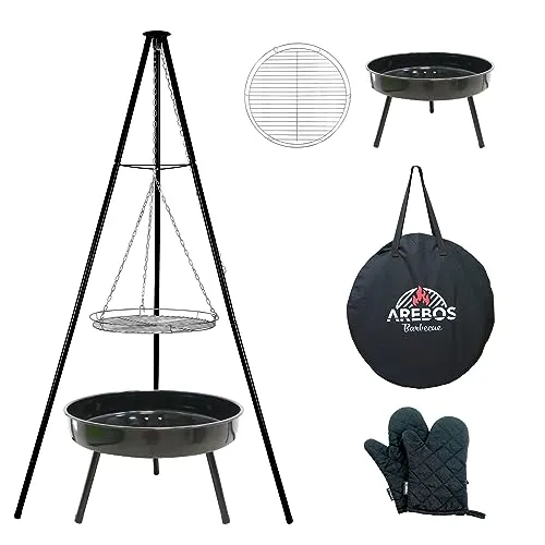 Arebos BBQ Schwenkgrill | Holzkohlegrill mit Feuerschale Ø 51 cm | Dreibein für Gulaschkessel | Grillrost Ø 49 cm | Grillgestell mit Feuerwanne | höhenverstellbare Kette 228 cm | Kohlegrill