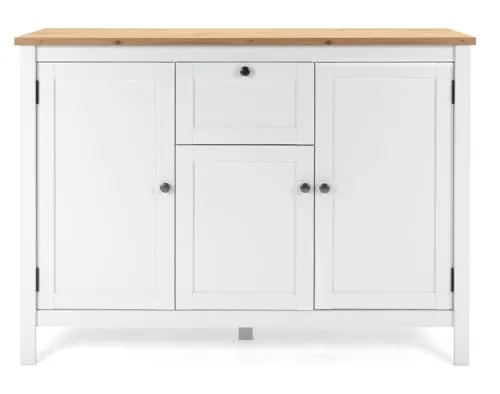 Furn.Design Kommode Vestland in Weiß und Eiche Artisan - Kommode im Landhaus-Stil mit 2 Türen und 1 Schubkasten – bietet viel Stauraum und ist pflegeleicht dank glatter Oberflächen.