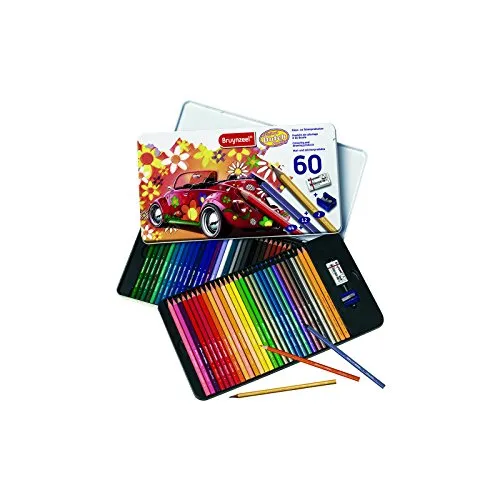 Bruynzeel 60 Buntstifte im Metalletui - Retro-Käferdesign - Buntstifte-Set mit 44 Farbstiften und 12 Metallic-Stiften, nachhaltig aus Holz gefertigt. Ideal für kreative Projekte und perfektes Mischen von Farben.