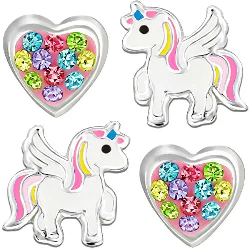 Mädchen Ohrringe 925 Sterling Silber bunte Ohrstecker Kinder Einhorn Pferde Herz K977+K315