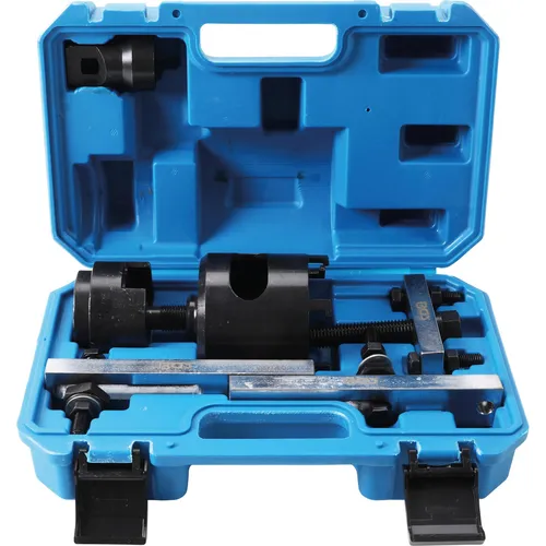 BGS 8320 Doppelkupplungs-Werkzeug-Satz für VAG DSG Getriebe - Kupplungszentrierwerkzeuge für die präzise Reparatur der Kupplungseinheit bei VW und Audi Fahrzeugen, inklusive Abstützbrücke und verschiedene OEM-kompatible Werkzeuge.