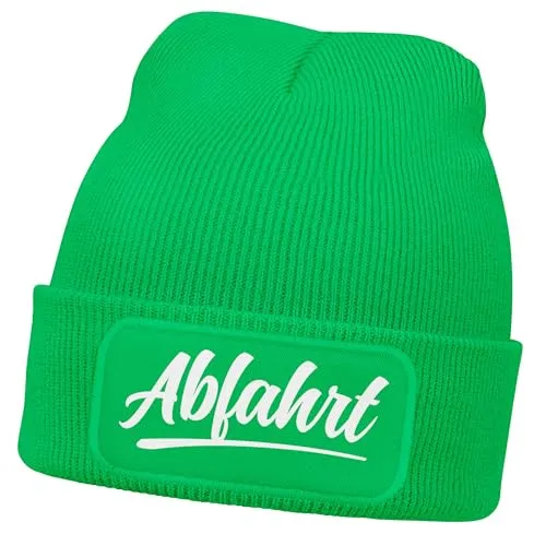 MoonWorks® Damen Beanie mit Patch Skifahren Strickmütze mit Spruch Aufdruck Abfahrt Damenmütze Gruen Unisize