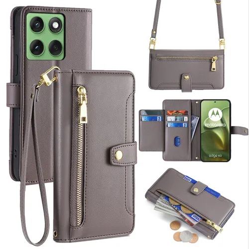 Handykette für Motorola Edge 60 / 60 Fusion Hülle mit Band Kartenfächer Grau