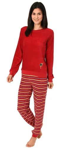 Normann Pyjama Damen Frottee Pyjama langarm mit Bündchen, Hose gestreift