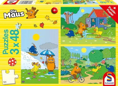 Die Maus: Viel Spaß mit der Maus, Puzzle - 3x 48 Teile für kreativen Spielspaß und Förderung der Feinmotorik