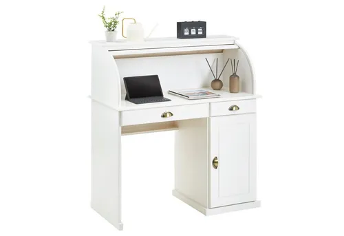 IDIMEX Sekretär TOM - Moderner PC Tisch mit 2 Schubladen und Rollladen - Sekretär aus massivem Kiefernholz in Weiß, ideal für effizientes Arbeiten mit viel Stauraum und ansprechendem Design.