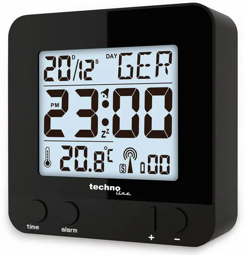 TECHNOLINE Funkwecker WT 235, schwarz - Kompakter Funkwecker mit digitaler Anzeige von Uhrzeit, Datum und Innentemperatur. Ideal für präzise Zeitmessung und Raumtemperaturüberwachung.