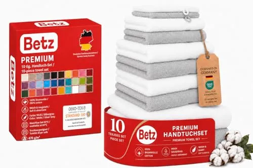 Betz Premium Handtuch-Set 10-teilig – 100% Baumwolle – Saugfähig & Weich – Farbe Weiß und Silbergrau - Hochwertiges 10-teiliges Handtuch-Set aus 100% Baumwolle mit idealer Saugfähigkeit. Perfekt für Bad, Gästezimmer und Reisen. Pflegeleicht, formstabil und langlebig. Ideal für die ganze Familie.
