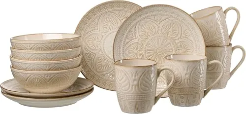 Frühstücksservice Omara, 12-teilig, Beige - Spezielles Tischgeschirr für 4 Personen, aus robustem Steinzeug, spülmaschinenfest und mikrowellengeeignet – ideal für ein stilvolles Frühstück.