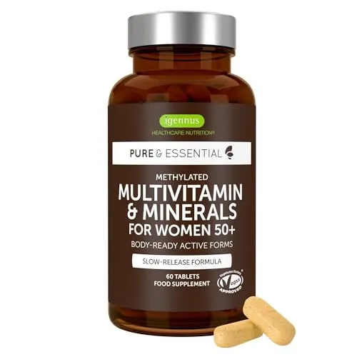 Igennus Multivitamin für Frauen 50+, mit methylierter B-Vitamin-Formel, Calcium & Magnesium, antioxidativer Zellschutz, ohne Eisen & Kupfer, 60 vegane Tabletten
