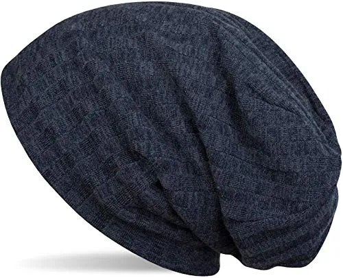 styleBREAKER warme Feinstrick Beanie Mütze mit Streifen Strick Muster und sehr weichem Fleece Innenfutter, Slouch Longbeanie, Unisex 04024108, Farbe:Dunkelblau meliert