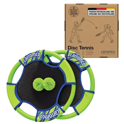 Carromco Disc Tennis Set I Outdoor Trampolin Spiel mit 2 Bällen | GARTENSPIEL:Rückschlagspiel & Wurfscheibe I Inkl. 2 Trampolin-Schlägern & 2 Softbällen I Für Kinder & Erwachsene