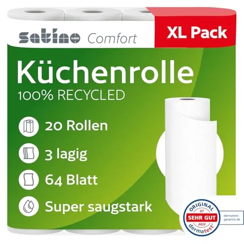 Küchenrolle 3-lagig – 20 Rollen – 64 Blatt pro Rolle - Ø: 10,5 cm/Höhe: 26 cm - saugstark, reißfest & besonders weich dank Zellstoff – Made in Germany - Küchentücher Vorrat – Reserve - Satino