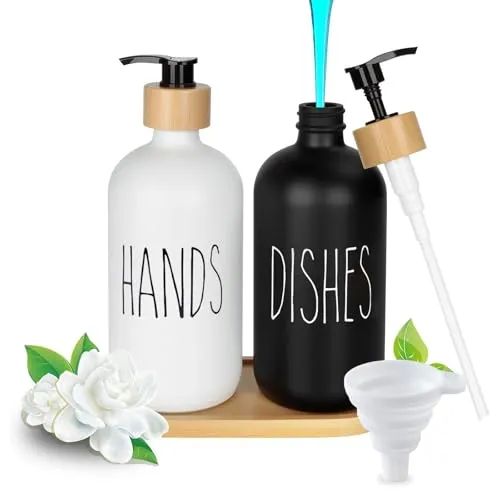 BBWELL Glas Seifenspender Set,Seifenspender Schwarz Matt Badezimmer Set mit Tablett,500ml Pumpspender,Glass Seifenspenders,Handseifenspender für Badezimmer, Arbeitsplatte, Küche