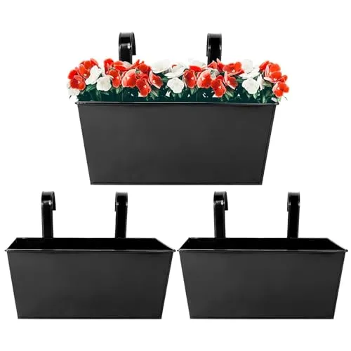 BOFUNX 3 Stück Hängende Blumentöpfe für Balkon Geländer Zaun Garten - Metall Blumentöpfe Pflanzentöpfe Blumenkasten Pflanzkasten zum Aufhängen mit Abnehmbarem Haken - Schwarz 30.5cm×13cm×13cm