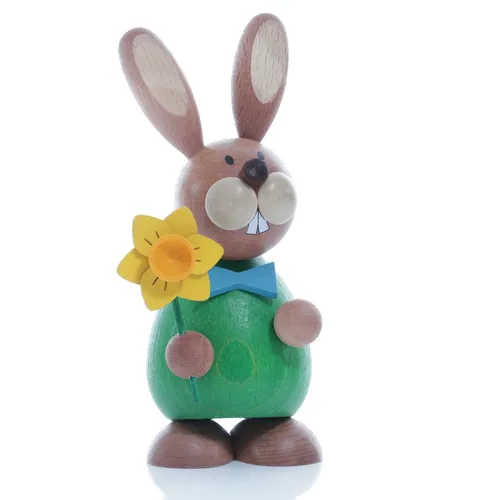 Osterartikel Osterhase mit Narzisse - Osterdeko in Form einer bunten Hasenfigur aus Holz, ideal für festliche Frühlingsdekoration und fröhliche Stimmung im Zuhause.