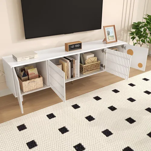 MODFU TV-Schrank Modern Lowboard aus Massivholz mit 2 Türen,Fernsehschrank mit Gitterstruktur und versteckte Griffe,Fernsehbank mit Golddekor,Weiß