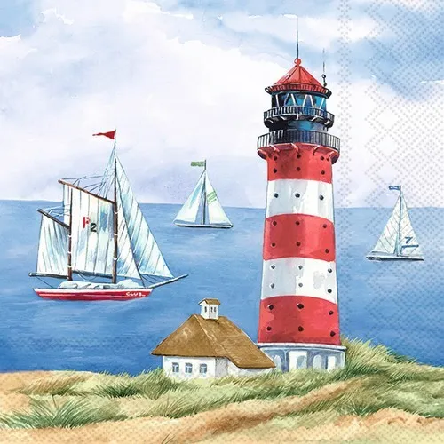 Servietten Seelust Leuchtturm Meer Boote Strand Haus Düne Gräser 33x33cm 20