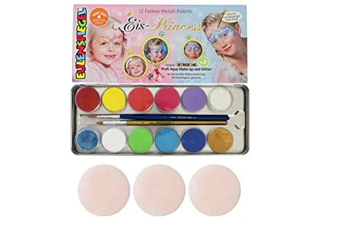 EULENSPIEGEL Schminkpalette Eisprinzessin 17 Teile - Schminke für Kinder, ideal für Kostüme, mit 10 Farben, 2 Glitzer und 2 Profi-Pinseln, dermatologisch getestet und vegan, leicht abwaschbar.