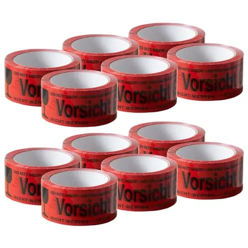 ARLI Paketband Vorsicht Glas 12 Rollen Paketklebeband - 66m x 48mm Warnhinweis rot für sicheren Versand von Glaswaren Auffälliges rotes Klebeband mit Aufdruck zerbrechlich (12x Vorsicht Glas)