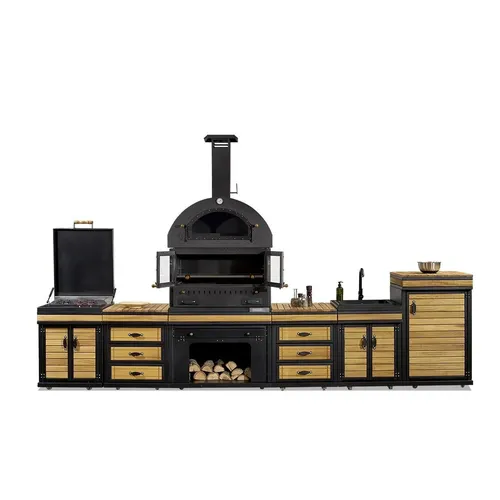 Moderne Außenküche aus Holz und Edelstahl in Schwarz - Stilvolle Außenküche für Grillabende, gefertigt aus robustem Holz und Edelstahl. Freistehend mit großzügigem Kochbereich für unvergessliche Erlebnisse im Freien.