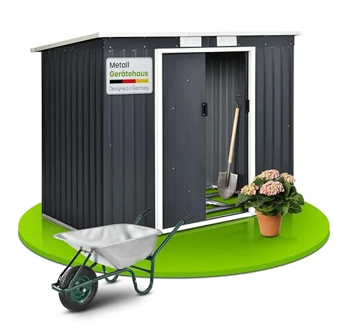 Juskys Metall Gerätehaus M - Modernes Pultdach mit Schiebetür, ideal für Ordnung im Außenbereich und Schutz vor Witterungseinflüssen