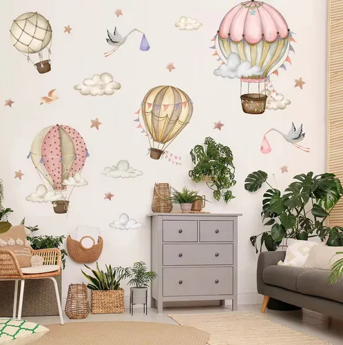 Montegoni Wandtattoo Tiere Heißluftballon Wolken Wandaufkleber Rosa Farbe für Kinderzimmer (Baby Kinderzimmer Wandtattoos Mädchenzimmer Aufkleber), 30 x 90 cm, selbstklebend, rückstandslos entfernbar