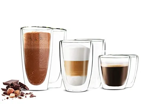 Sendez 6 Doppelwandige Gläser Set 450ml, 200ml, 90ml - Kaffee- & Teegläser: Vielseitiges Set aus hochwertigem Borosilikatglas mit doppelwandigem Design für optimale Temperaturkontrolle und stilvolle Präsentation Ihrer Getränke.