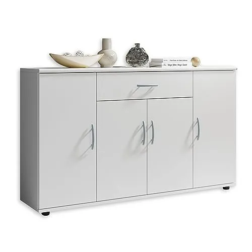 Kommode - Weiß - 4 Türen - 118 cm Sideboard Anrichte Beistellschrank - Moderne Kommode in Weiß mit 4 Türen und 3 Einlegeböden, ideal für zusätzlichen Stauraum im Wohnzimmer oder Flur. Lieferung per Paketdienst mit Sendungsverfolgung.
