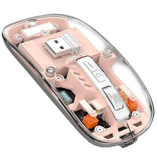 MAGIC-REFINER HXSJ Kabellose Maus Bluetooth, 2,4GHz+Bluetooth 5.0 Funkmaus Wiederaufladbare Leise Ultra Slim 2400DPI, Gaming Maus Transparente, Akkuladestand Sichtbar, für Laptop/PC/Mac/Tablet, Rosa