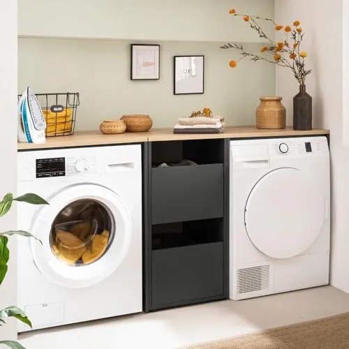 Lomadox Waschmaschinenschrank mit Wäscheschrank - Moderne Möbelkombination für Hauswirtschaftsräume, bietet optimalen Stauraum und elegantes Design in Anthrazit mit Eiche. Ideal für eine harmonische Optik von Waschmaschine und Trockner.
