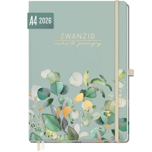 Wochen-Notiz-Timer Maxi 2026 - A4 Minty Leaves - Organizer mit Kalenderwoche auf der linken und viel Notizplatz auf der rechten Seite! Inkl. Gummiband, Stiftschlaufe und Einstecktasche für optimale Organisation.