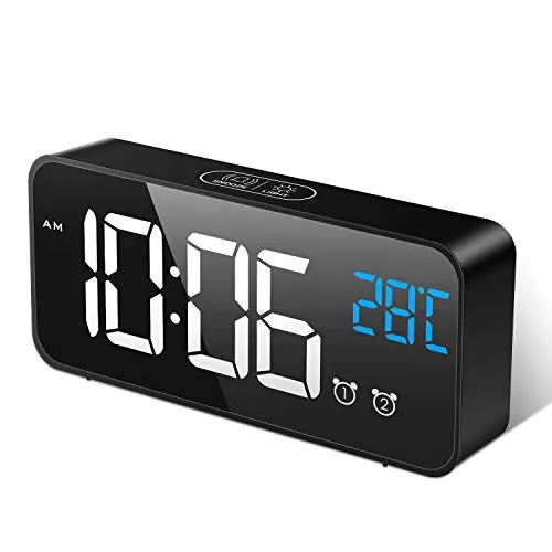 MOSUO Digitaler Wecker, LED Digital Wecker Spiegel Tischuhr mit Sprachsteuerung & Temperatur Anzeige, Reisewecker Uhr USB Aufladen, 2 Weckzeiten, Snooze, Einstellbare Helligkeit & Lautstärke, Schwarz