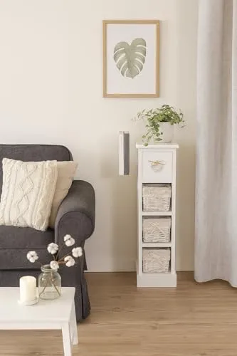 moebel-direkt-online Standregal Larissa - Romantisches Design - Standregal mit 3 handgeflochtenen Körben und Schubkasten, aus weiß lackiertem MDF und Massivholz. Ideal für stilvolle Stauraumlösungen im Wohnbereich.