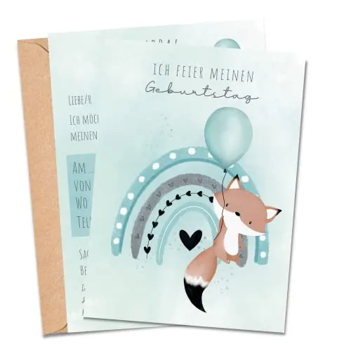 MeinBaby123® 10 Einladungskarten Kindergeburtstag Jungs und Mädchen | Geburtstagseinladungen für Kinder | inkl. 10 Briefumschläge | Premium Qualität (Fuchs türkis V2)