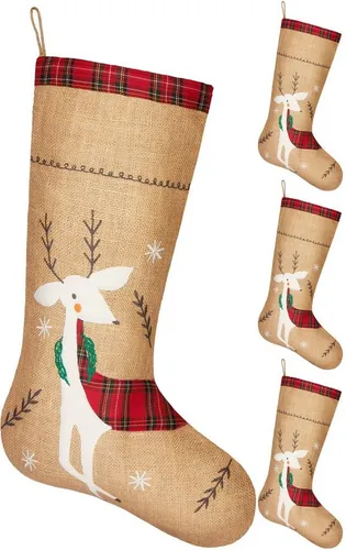 BRUBAKER Nikolausstiefel Weihnachtsstrumpf zum Befüllen und Aufhängen - 52 cm Nikolausstrumpf (4 St), Festliches Rentier - Weihnachtsdeko Strümpfe Weihnachtssocke aus Jute