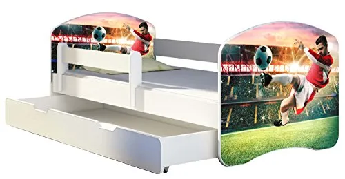 Kinderbett Jugendbett mit einer Schublade und Matratze Weiß ACMA II 140 160 180 40 Design (160x80 cm + Bettkasten, 37 Fußballer 2)
