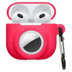 kwmobile 2-in1 Schutzhülle für Apple Airpods 4 Hülle - Kopfhörer Silicon Case kompatibel mit AirTag - stoßfestes Cover mit Karabiner - Neon Pink - Pink