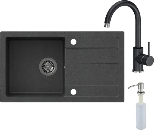 VBChome Spülbecken mit Armatur 77 x 44 cm Schwarz Einzelbecken Einbauspüle Abtroffläche Gesprenkelt Reversibel Granitspüle Siphon Spülmittelspender Armatur