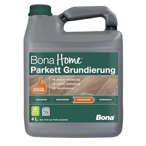 Bona Home Parkett Grundierung 4 Liter - Holzpflege, Holzversiegler & Holzöl – Wasserbasierte Grundierung für natürliche Holzoptik, ideal für stark beanspruchte Böden und sorgt für Langlebigkeit. GREENGUARD-zertifiziert und geruchlos für sicheres Arbeiten.