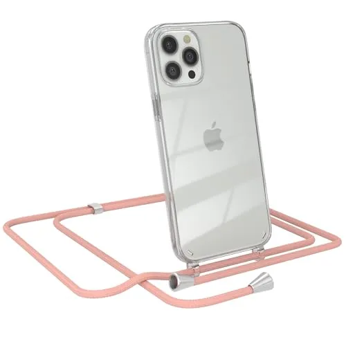 EAZY CASE Handykette kompatibel mit iPhone 12 Pro Max Handyhülle mit Umhängeband, Handykordel mit Schutzhülle, Silikonhülle, Hülle mit Band, Stylische Kette für Smartphones, Alt Rosa - Clips Silber