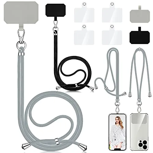 Aulese 2 Stück Handykette Universal, Unisex Einstellbares Handyband zum Umhängen, Handyschnur Schlüsselband mit 6 Pad Kompatibel mit Alle Smartphone, Handyhülle Kette Lanyard (Schwarz + Hellgrau)
