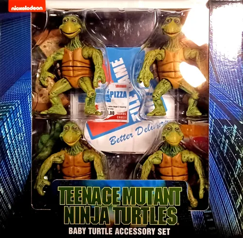 NECA Teenage Mutant Ninja Turtles Action Figure 4-Pack - Actionfiguren für Kinder, 4 bewegliche Babyschildkröten aus dem Film von 1990, inklusive Zubehör wie Pizza-Box und Pizzascheiben.