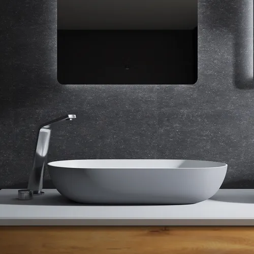 Bernstein Aufsatzwaschbecken O-540 - Elegantes Aufsatzwaschbecken aus hochwertigem Mineralguss in Grau/Weiß, mit antibakterieller Oberfläche und inkl. Pop-up-Ablaufventil – ideal für Ihr Gäste-WC.