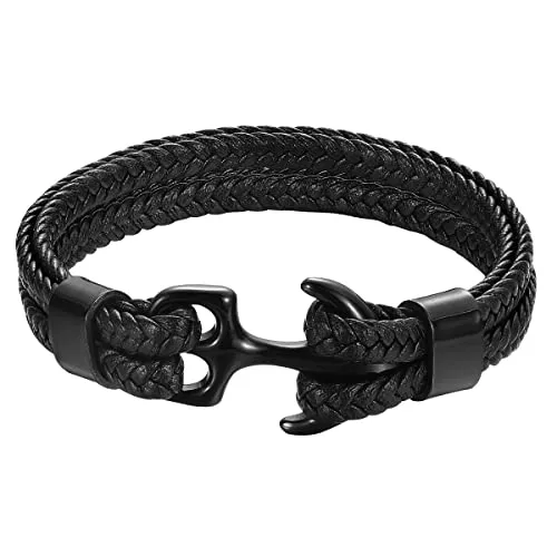 Emibele Herren Armband - Robust Rindsleder Wickelarmband mit Vintage Anker - Schwarz mit Schwarz Anker