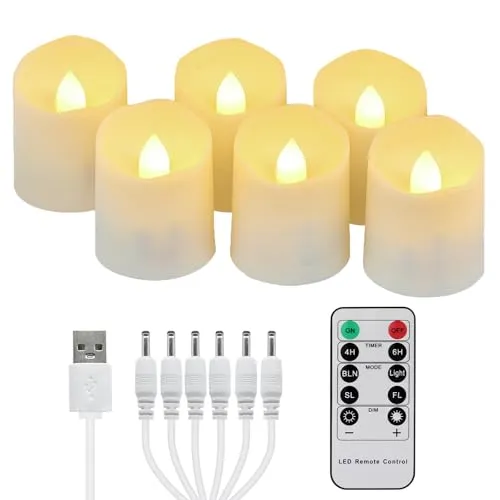 FREEPOWER 6er Aufladbare LED Teelichter mit Timer Fernbedienung Flackern Warmweiß Dimmbar Elektrische Wiederaufladbare Kerzen mit USB-Kabel, Weihnachten Halloween Party Familie Deko, Ø4 x 4.5cm