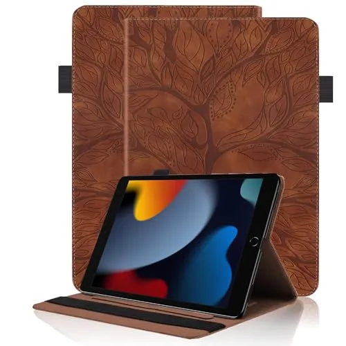 Hülle für iPad 10,2 Zoll 2021/2020/2019 (iPad 9/8/7 Generation) mit Stifthalter PU Leder Schutzhülle Flip Case Cover mit Ständer Kartentasche für iPad Air 3 2019 / iPad Pro 10,5 2017, Braun
